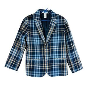 Janie and Jack Boys Sz 6 Blazer Jacket Wool Blue Tan Plaid 2 Button Lined